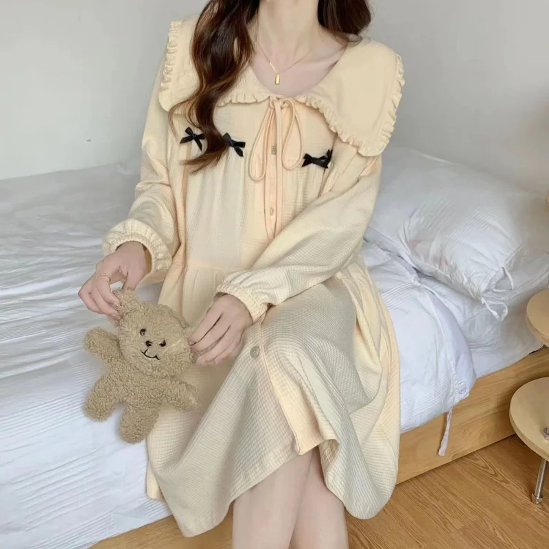 Sleepshirts Women Sweet Bandage Simple Long Sleeve Fashion Korean Style Homewear Casual Lovely Girls Autumn New Cozy Design Chic