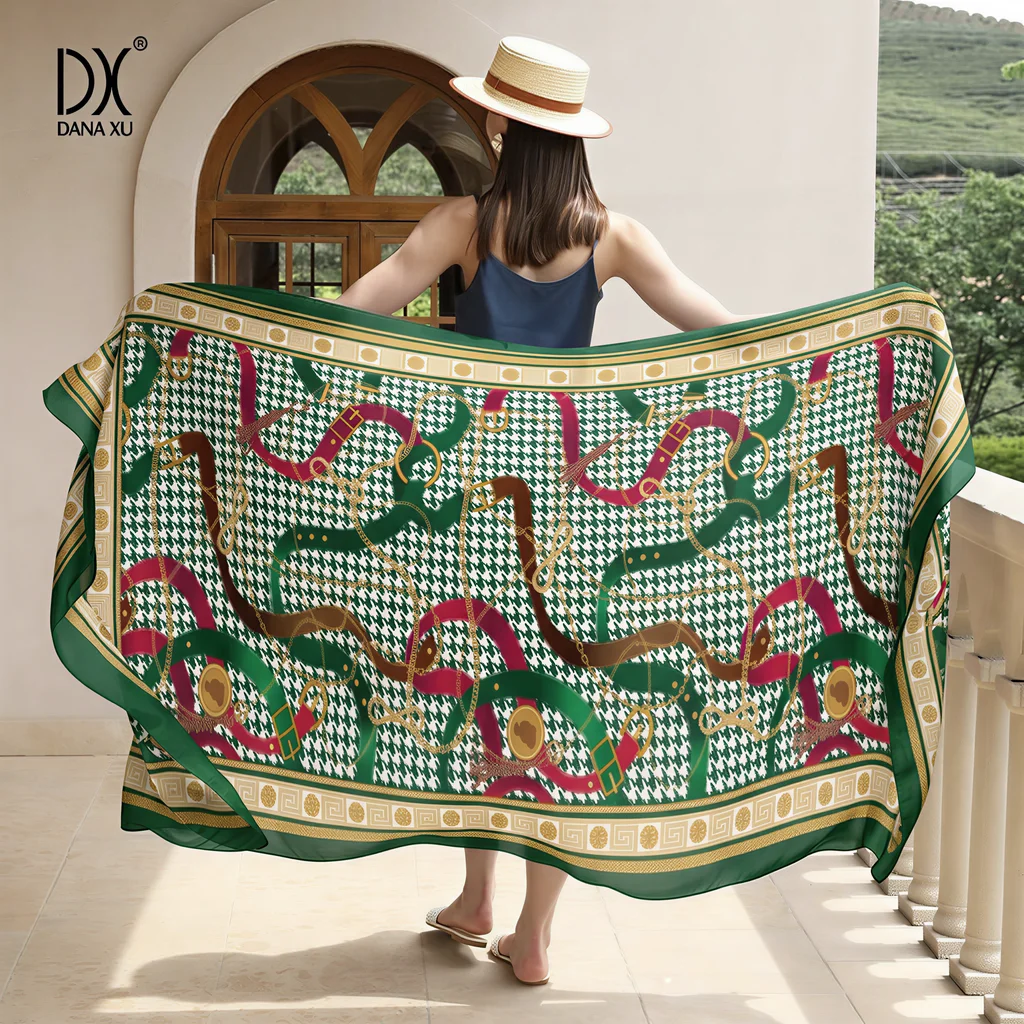 DANA XU 100% Natural Silk Scarf Women Luxury Green Houndstooth Chain Print Large Satin Shawl Wrap Beach Cover Up Foulard Gift