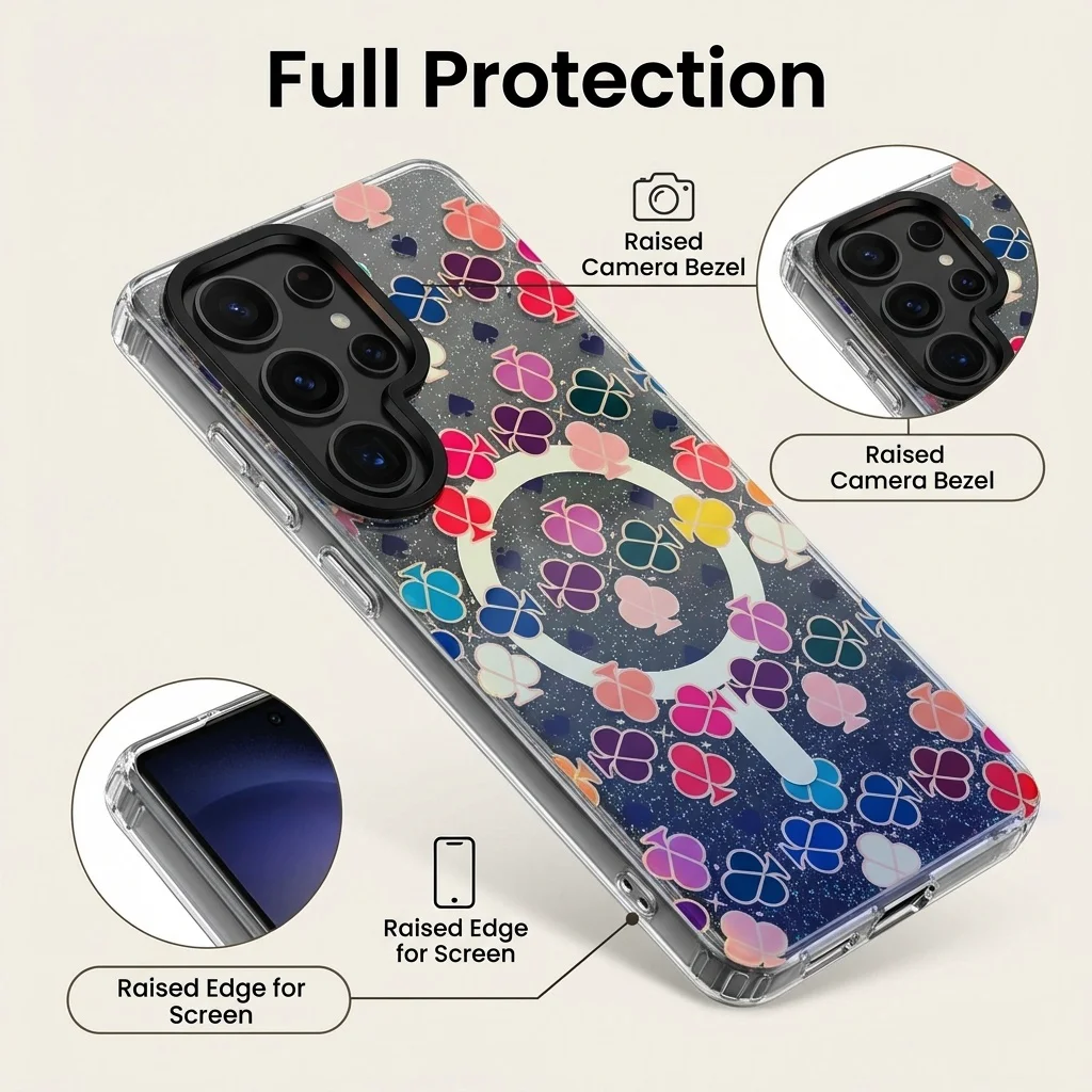 Double Layer Printed Plum Blossom Spade Glitter Gradient Blue Light Magnetic Case For Samsung Galaxy S26 Ultra S25 FE S24 Cover. - view 4