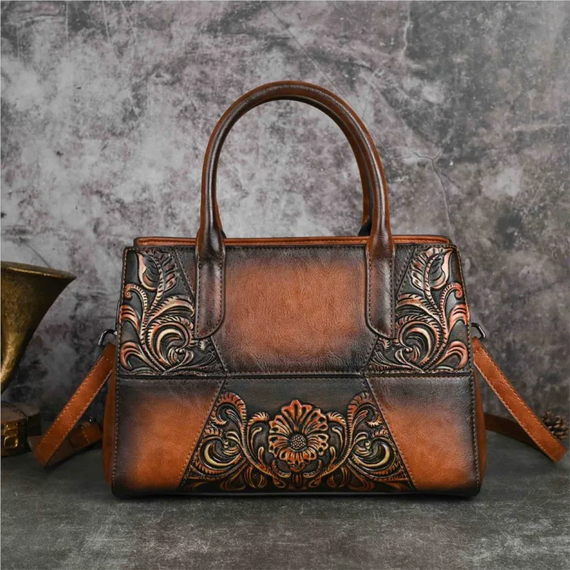 Johnature 2024 New Handmade Embossed Vintage Handbag Women Leather Bag Versatile Large Capacity Shoulder & Crossbody Bags