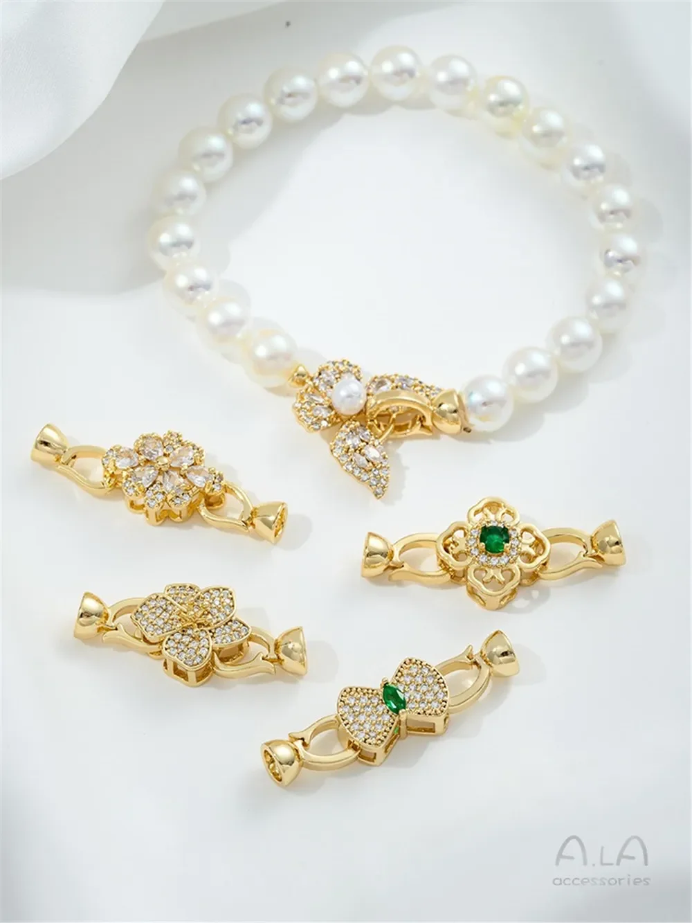 Micro-set Zircon 14K Gold Flower-shaped Butterfly Bow Tie Pearl Buckle DIY Bracelet Necklace Connecting Buckle Accessories