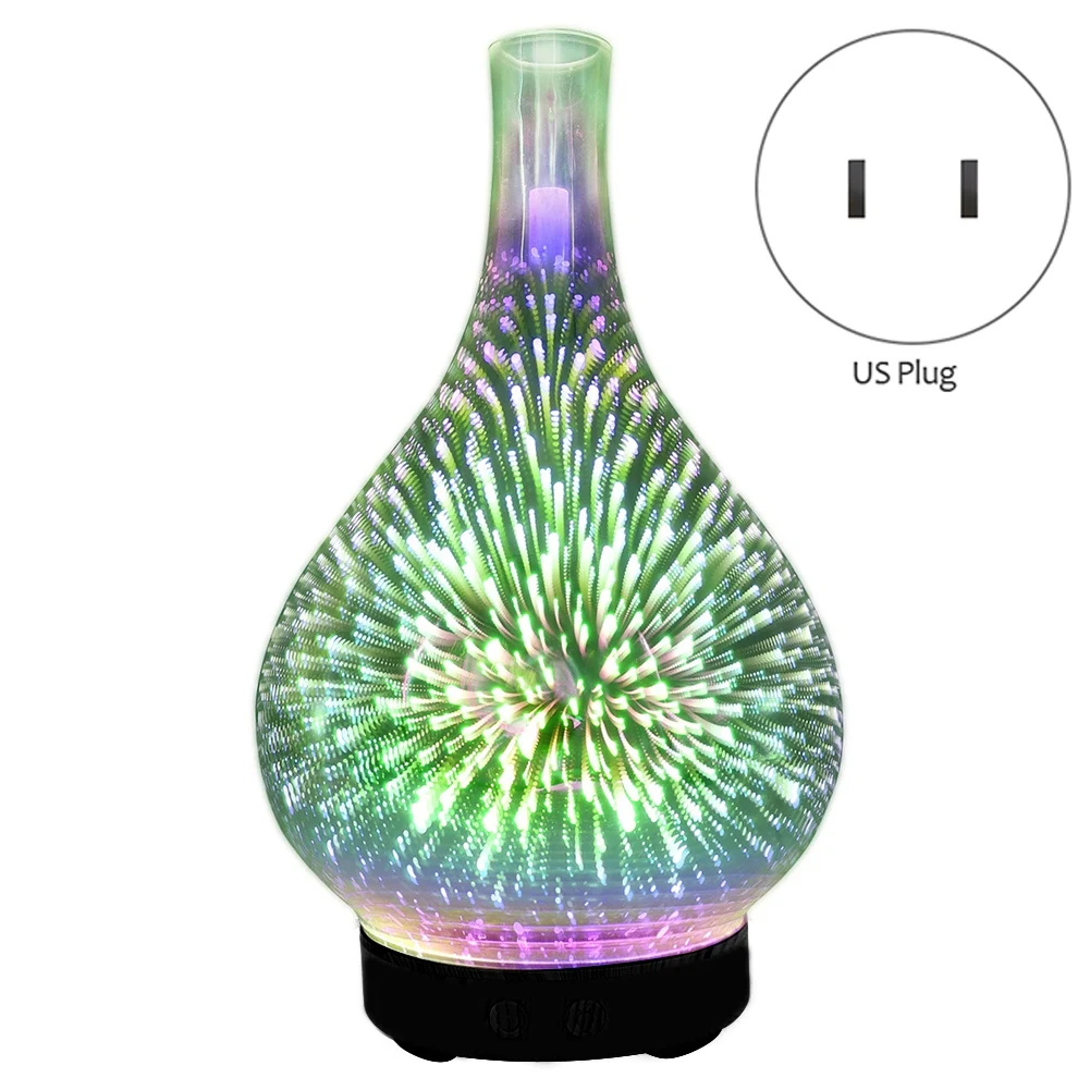 A01M 3D Firework Glass USB Air Humidifier with 7 Color Led Night Light Aroma Oil Diffuser Cool Mist Maker Black US Plug