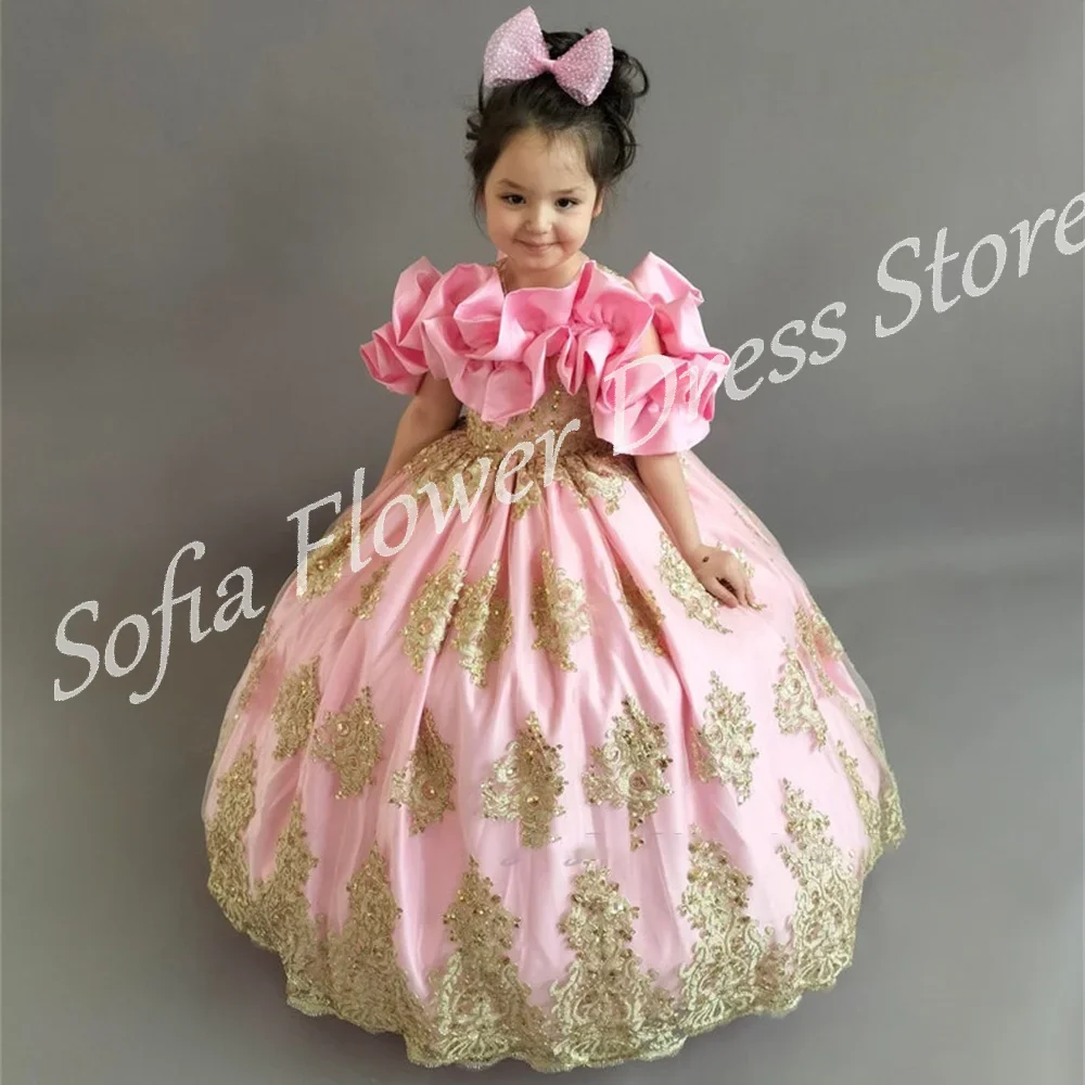 

Pink Customized Off Shoulder Pleating A-Line Lace Appliques Cute Floor Length Dress Lovely Girls Gift Birthday Party Ball Gowns