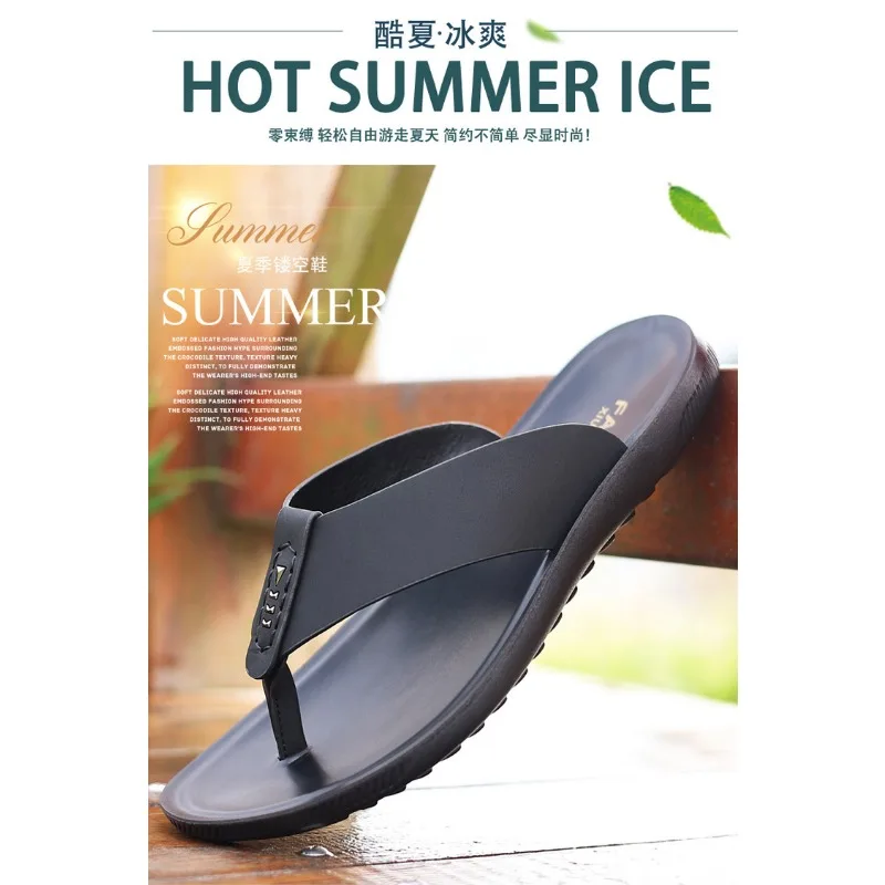 Brand Summer Beach Men Slippers Fashion Genuine Leather Casual Shoes Mens Beach Flip Flops Male Flats Outdoor Rubber Cool Shoes