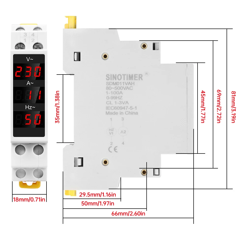 220V 3-in-1 Single-Phase Voltage Current Frequency Meter 1-100A AC 80-500V 0~99Hz LED Digital Display Volt Amp Herz Detector