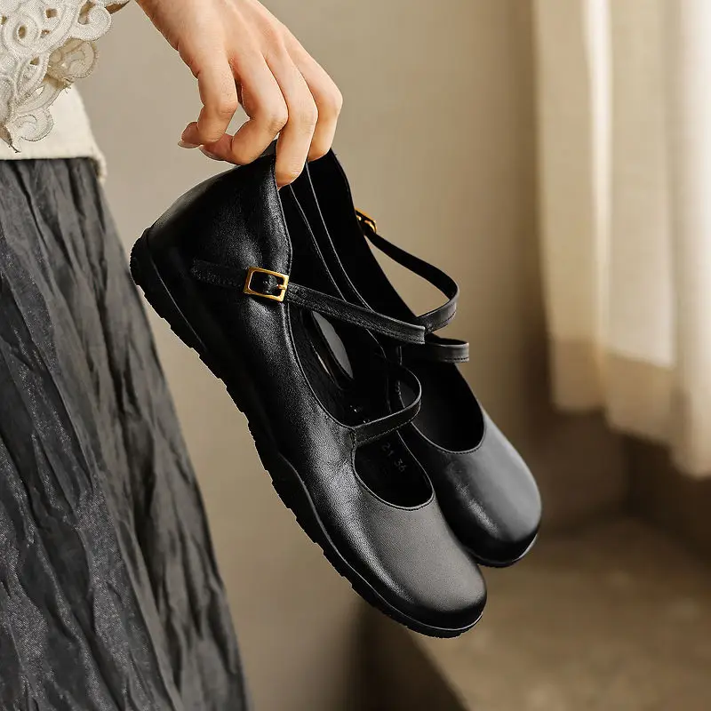 2026 new spring autumn women pumps natural leather 22-25cm cowhide+sheepskin+pigskin round toe buckle mary janes women shoes
