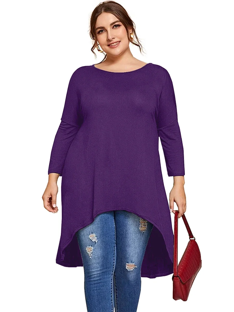 Plus Size Lange Mouw Lente Herfst Casual Hi Lage Tuniek Tops Lange Losse Pasvorm Flare Basic Swing Blouse T-Shirt Grote Maat Tops 8xl