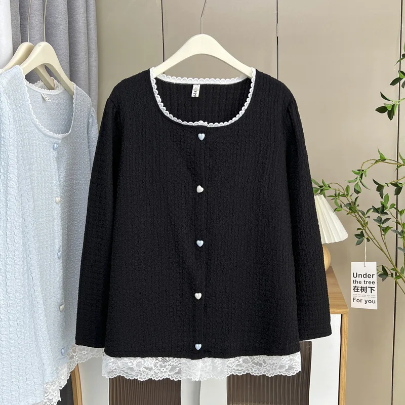 

100kg Spring Plus Size Top New Temperament Small Fresh Lace Jacquard Long Sleeve Women Shirt 311