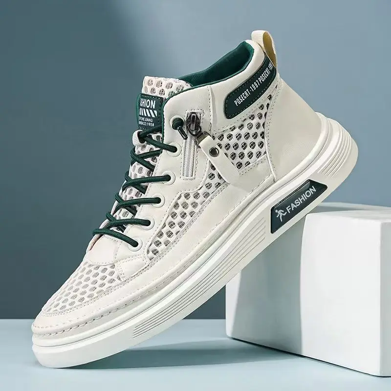 

Men Mesh Hollow Out High Top Casual Board Shoes Summer New Soft Sole Non Slip Breathable Anti Odor Slip On Casual Sports Shoes