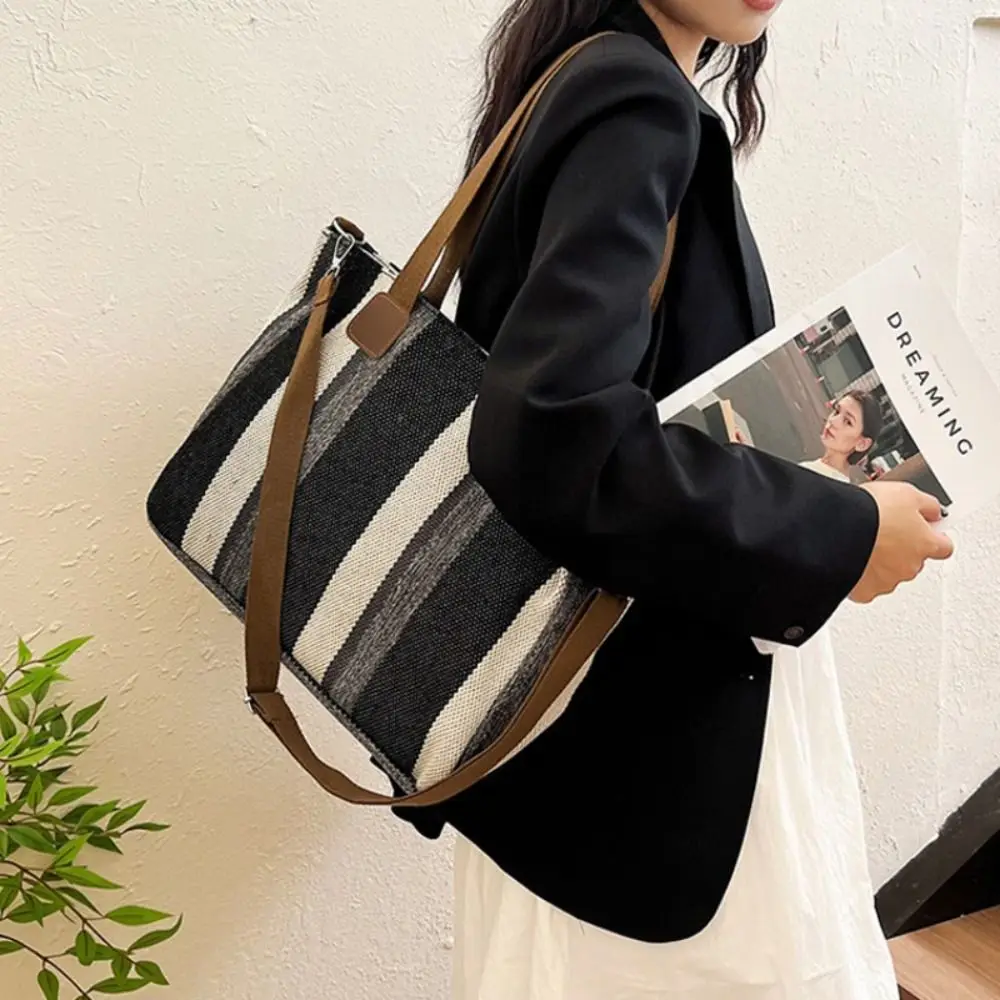 New Cloth Striped Tote Bag Adjustable Large Capacity Shoulder Bag with Rabbit Pendant Detachable Strap Shopper Bag Office view 2