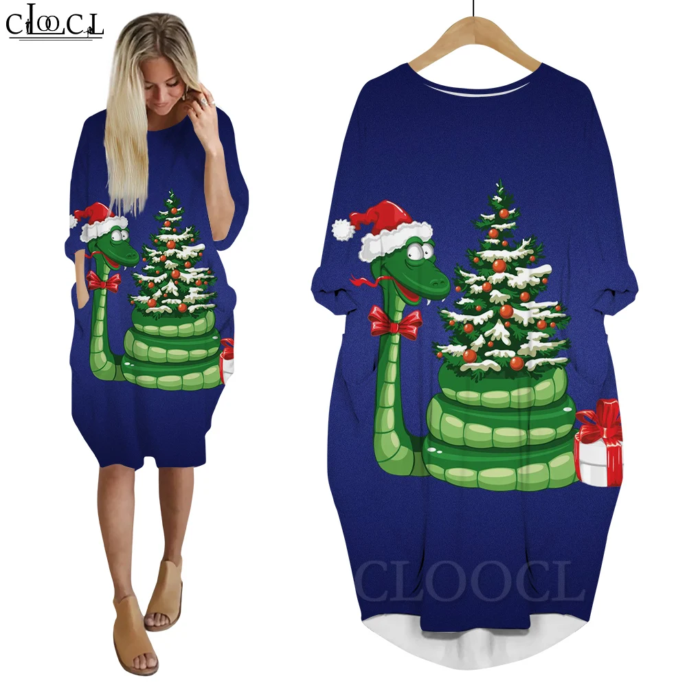 

CLOOCL Dresses Ladies Gifts Long Sleeve Oversized Robe Cartoon Naughty Little Snake Christmas Tree Printing Dress Women