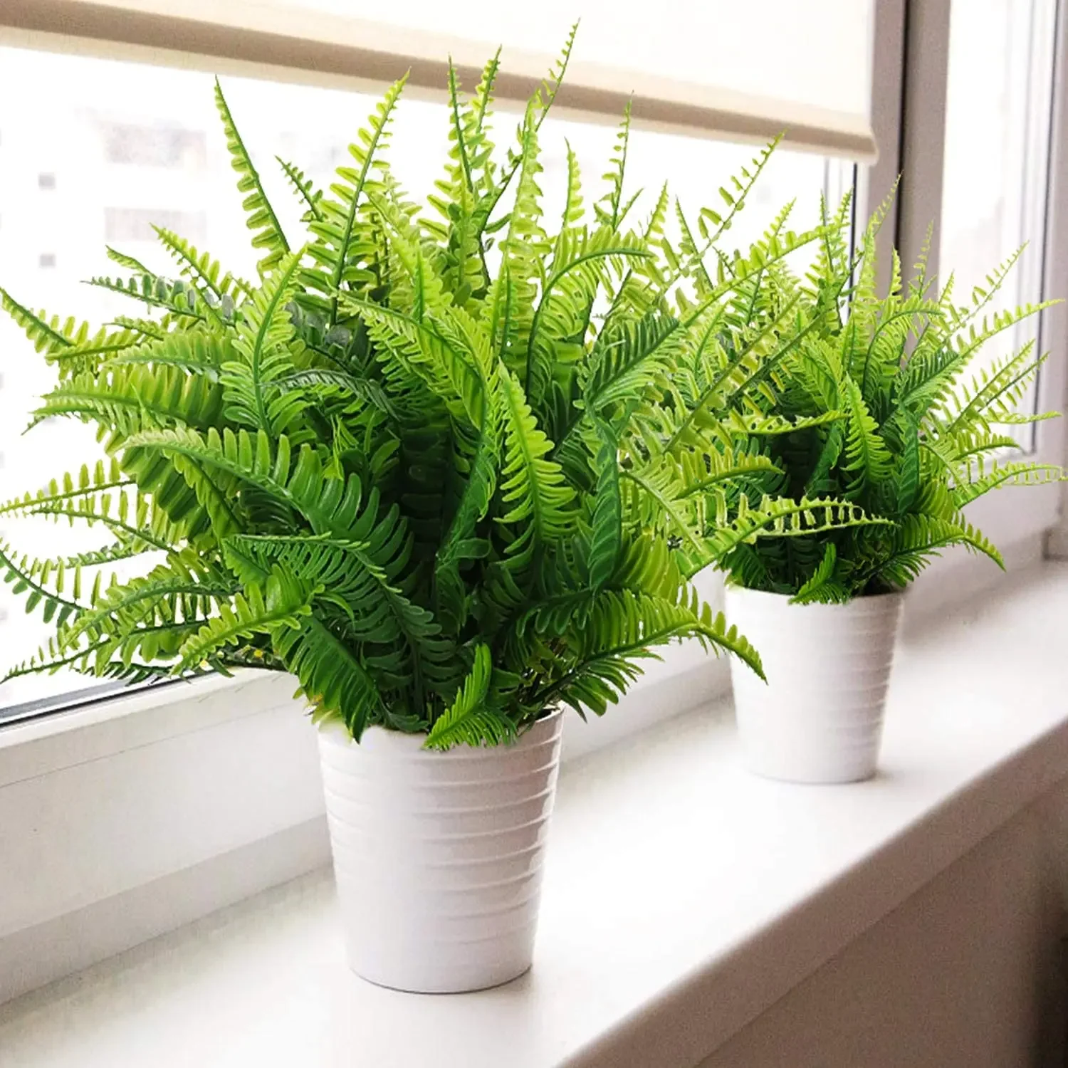 8 Bundles Boston Fern Artificial Plants Bushes Artificial Shrubs Greenery Plastic Outdoor UV Garden Resistant Plants Ferns