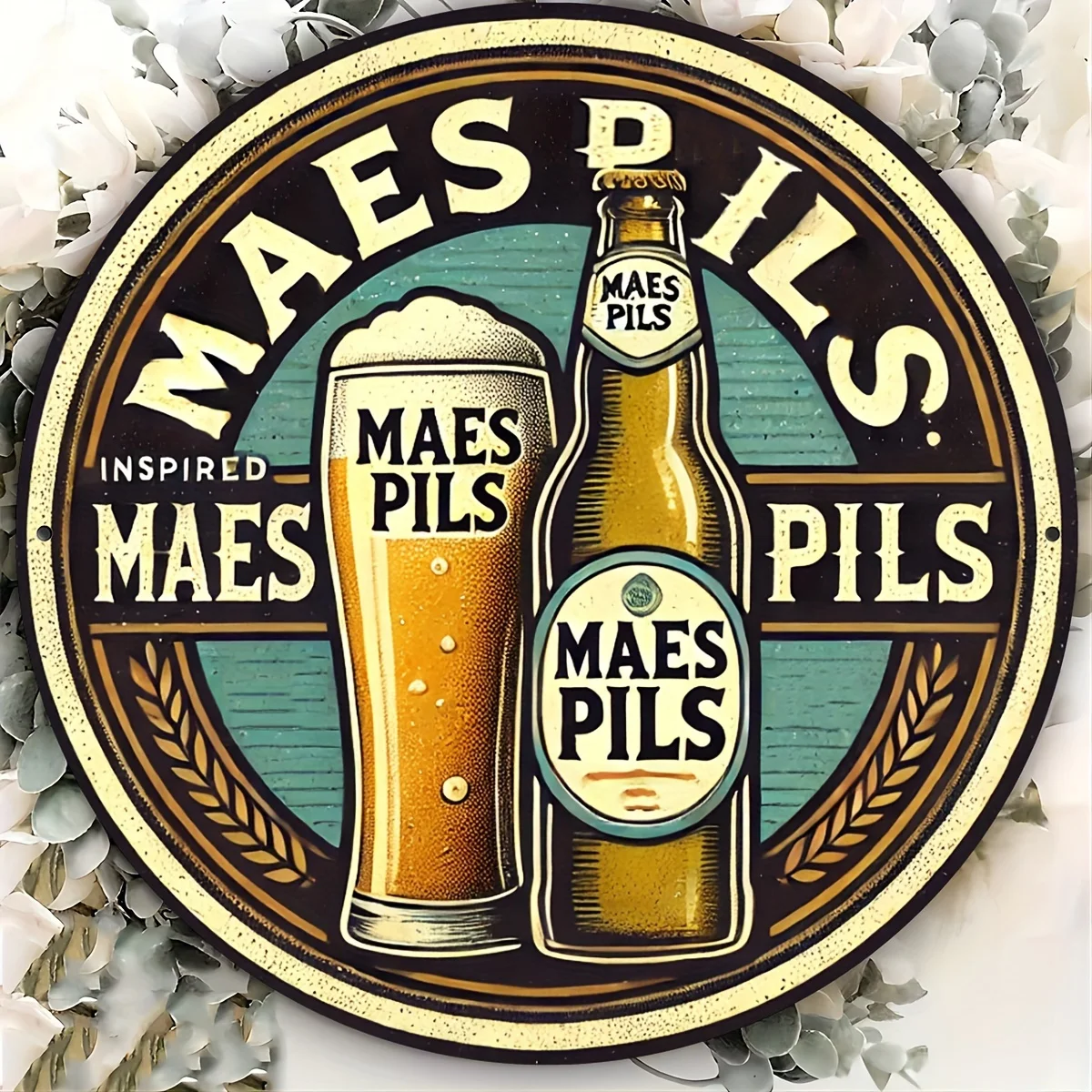 1 Stück Maes Pils Inspired 20,3 x 20,3 cm großes rundes Wandkunst-Schild aus Aluminium und Metall – wasserdicht, lichtbeständig, rostfrei, Dekoration für Küche, Esszimmer