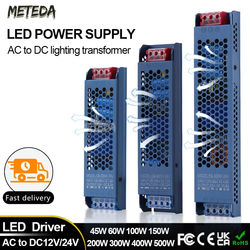 Imagem -03 - Ultra-fino Led Power Driver Transformador de Iluminação Led Strip Driver ac para dc 45w 60w 100w 200w 300w 400w 500w 12v 24v