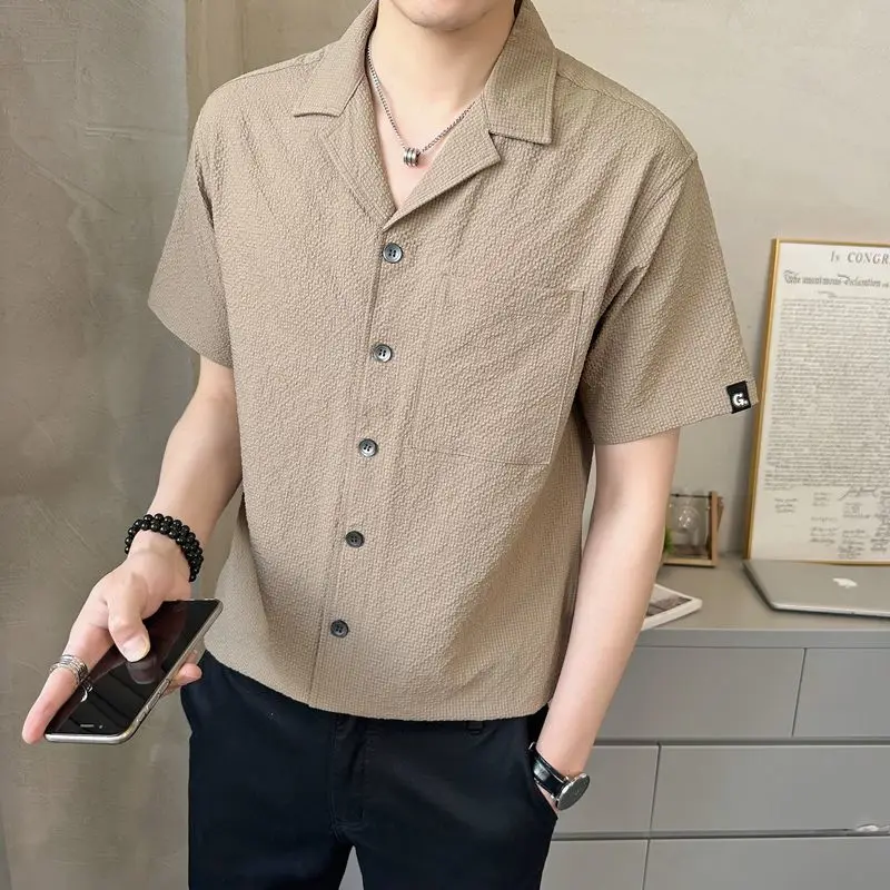 

Men Camp Collar Short Sleeve Button Down Shirt Casual Loose Fit Textured Pocket Shirt
