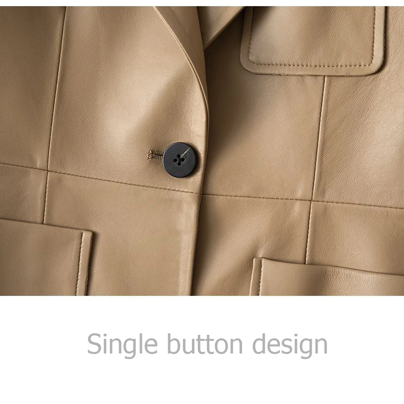 100% Sheepskin Women\'s Blazer Jackets Fashion Single Buttons Pockets Chic Lady Lapel Collar Long Sleeve Real Leather Blazer Coat