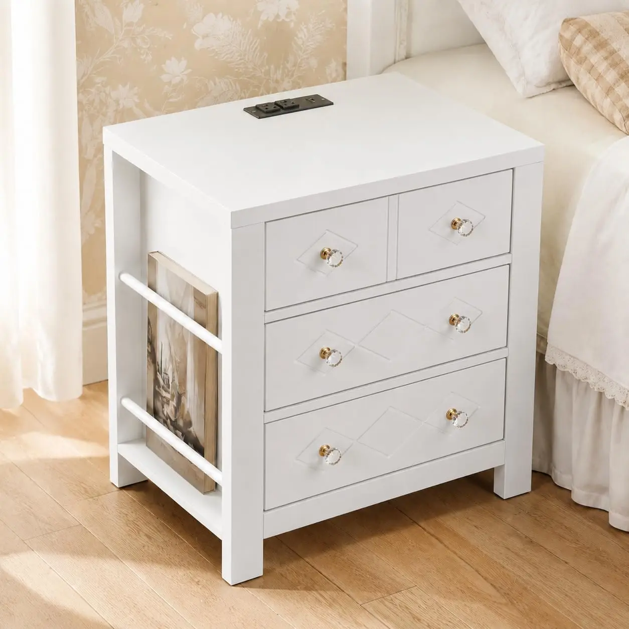 White 3-Drawer Nightstand with Charging Station & Side Shelves, 24-inch Bedside Table with AC Outlets & USB Ports, Customized