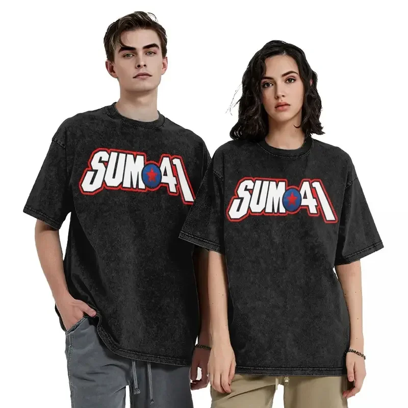 تيشيرت مغسول للرجال والنساء ، فرقة Sum 41 ، ملابس الشارع الهيب هوب ، تيشيرتات كاجوال ، SUM41 ، تيشيرتات بانك ، أكمام قصيرة ، قمم كبيرة الحجم
