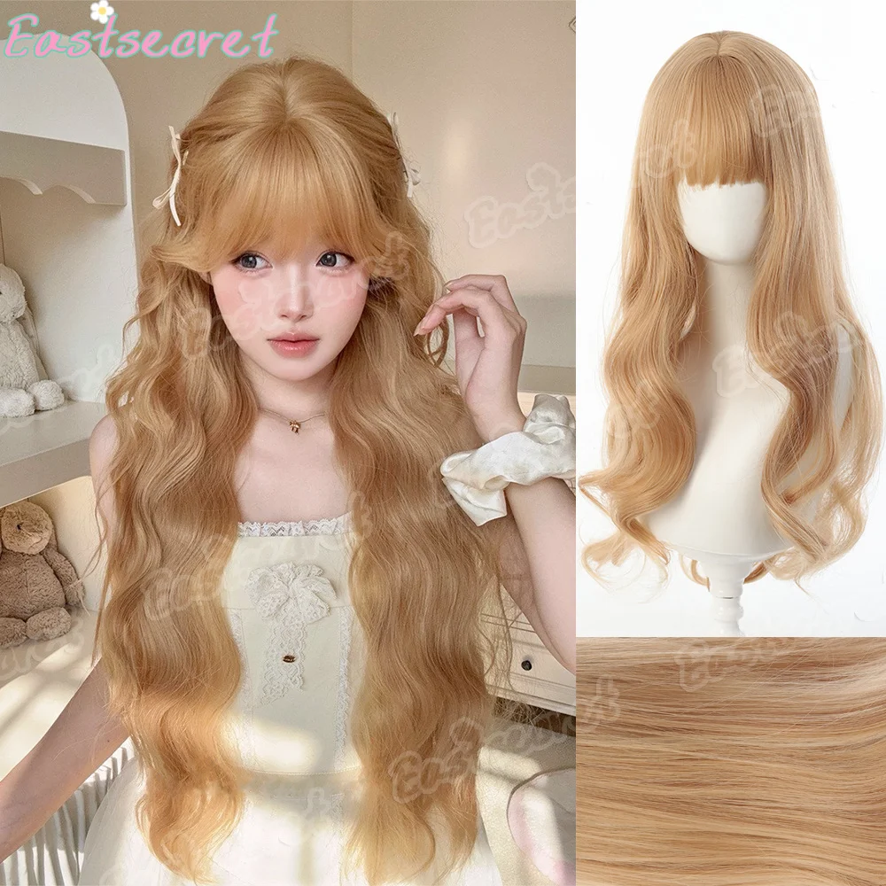 EASTSECRET Curly Long Wavy Black Blonde Highlights Synthetic Hybrid Wig With Fluffy Bangs Suitable For Women Daily Use
