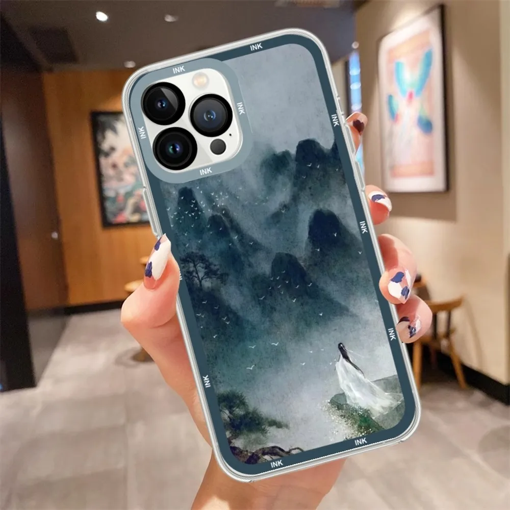 Ink and wash landscape painting Phone Case For iPhone 11 12 Mini 13 14 15 Pro Max Transparent Shell