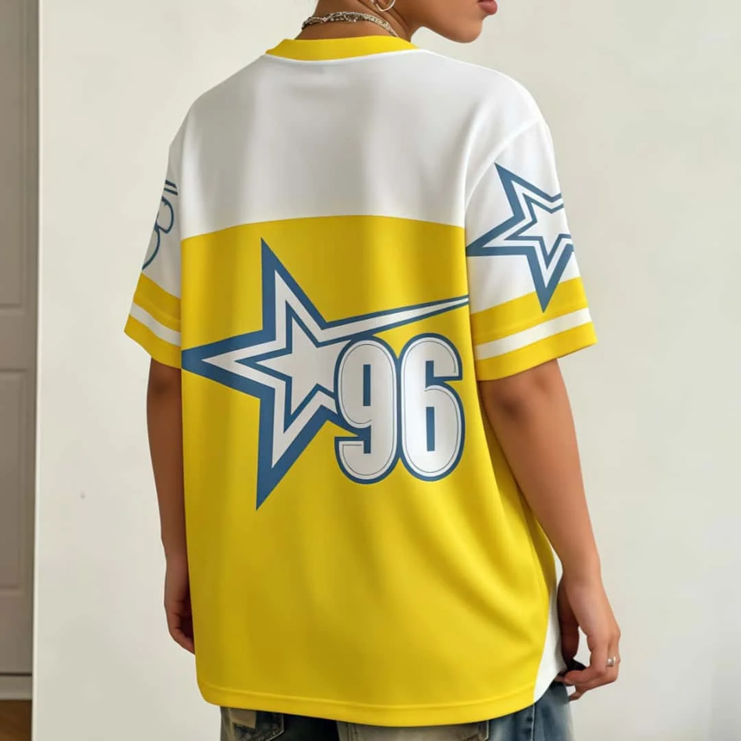 American Retro Yellow and White Top with Pentagram Size 96 3D Printed Plus Size Loose and Comfortable Quick Drying Unisex Style