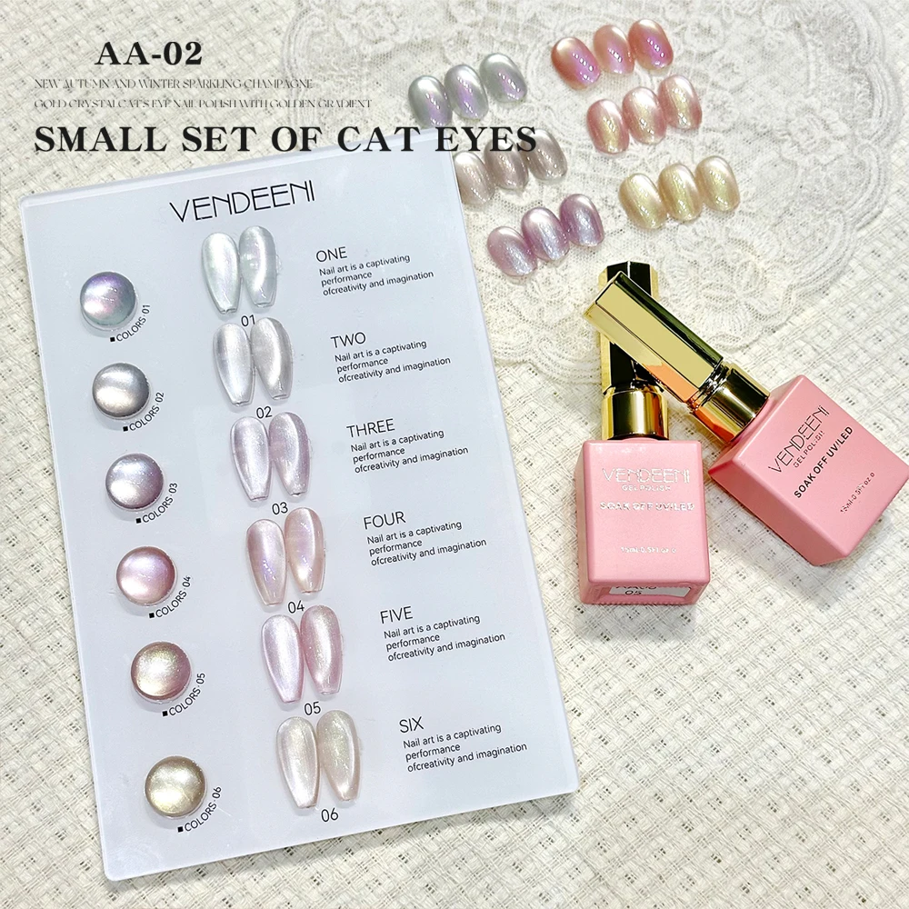 Vendeeni 6 Farben/Set Glitzer Kristall Cat Eye Gel Nagellack Magnetischer Maniküre Nagellack mit Farbkarte TPO/HEMA FREE