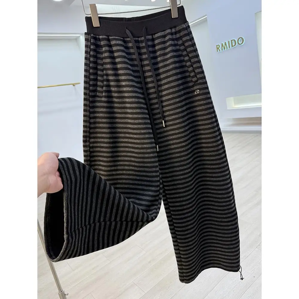 Thiened Fce-pantalones de plátano hasta el suelo para mujer, pantalón informal, diseño de rayas con cuchillo, cintura alta, algodón elástico