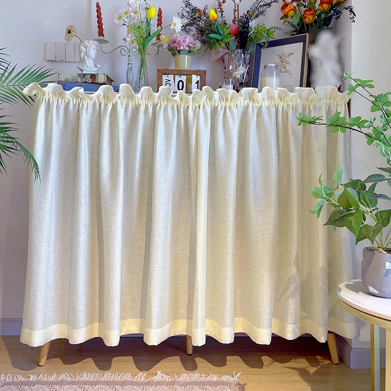 

French Romantic Light Yellow Semi-Sheer Short Curtain Pull Pleated Tape with Hook For Kitchen Cabinets Living Room Bedroom