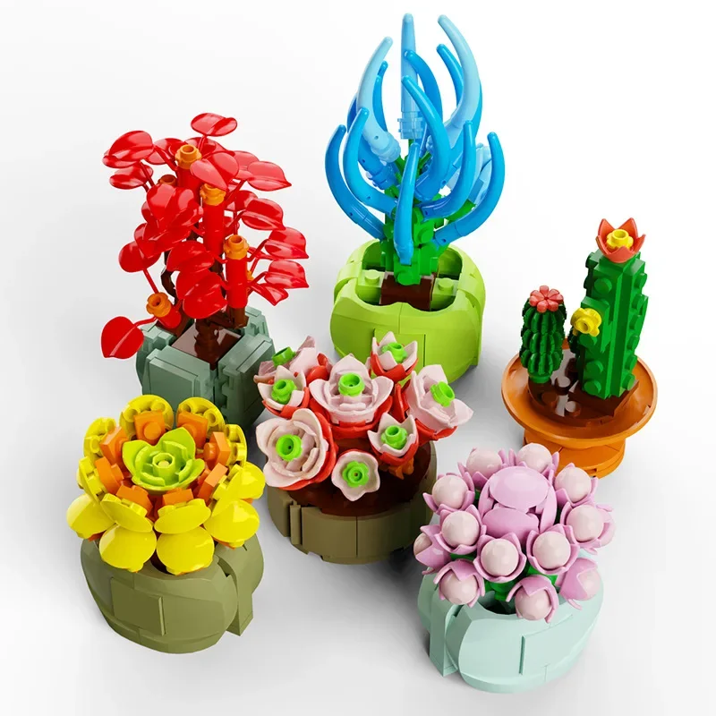 Blind Box Building Blocks Assembled Flower Succulents Plant Potted Bricks Tree Ornaments Children's Educational Toys Kids Gifts