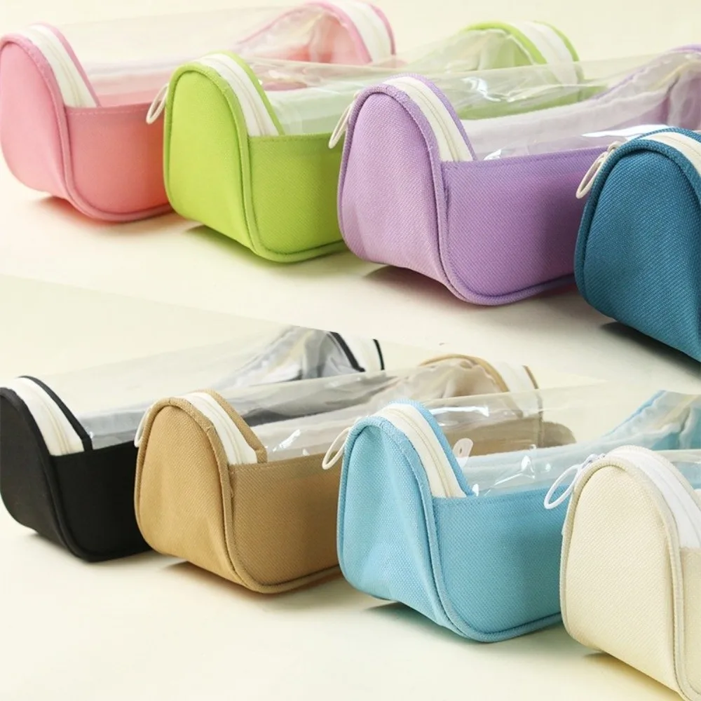 Transparent Window Pencil Case Large Capacity Reinforced Carry Handle Pen Storage Pouch Circle Ring Zipper