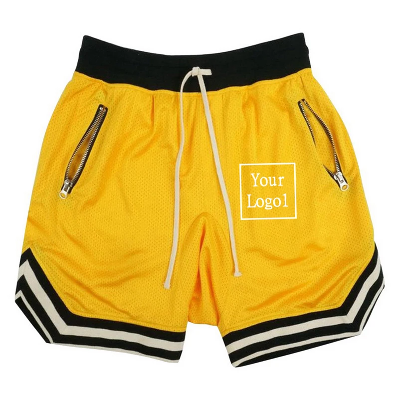 Shorts de basquete na moda com corda elástica para homens, bolso elástico, shorts esportivos casuais, moletom de logotipo personalizado