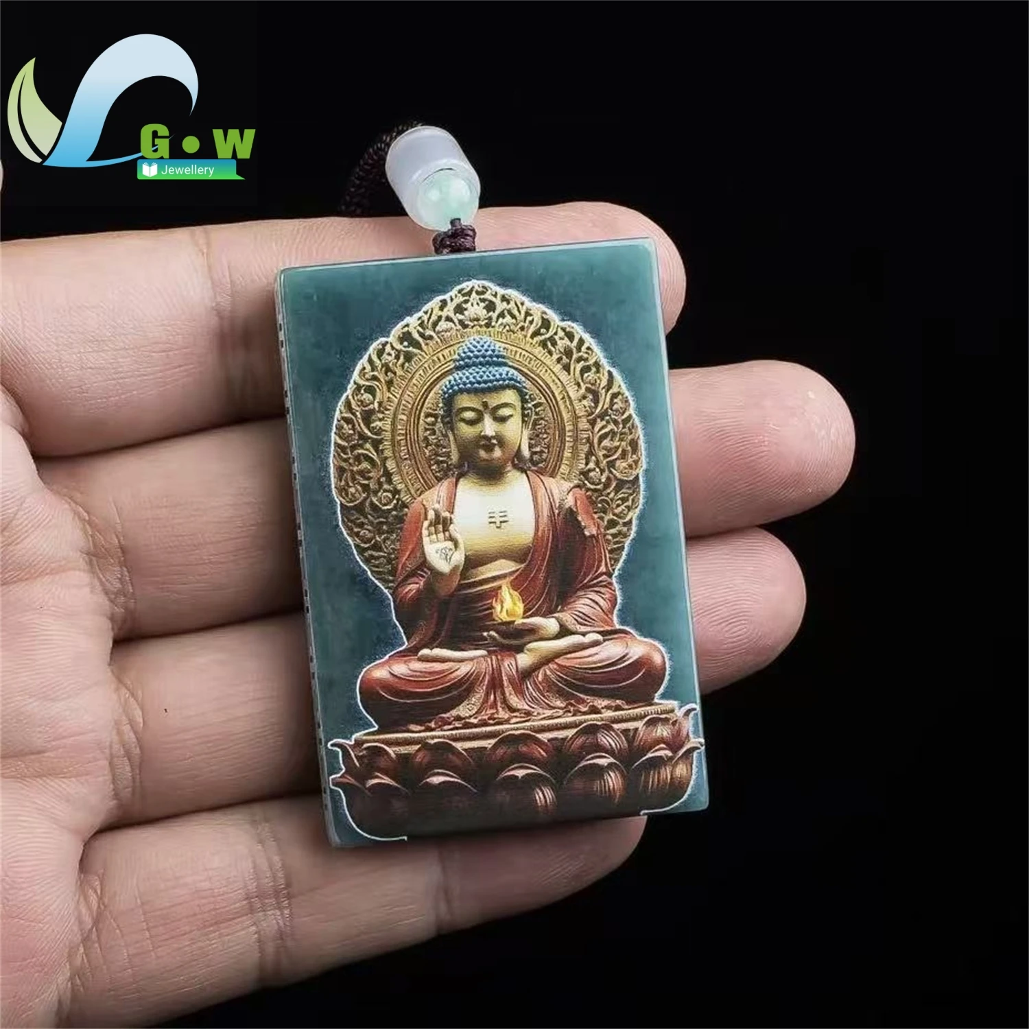 Natural Grade A Blue Water Jadeite Plain Plaque Painted Buddha Pendant Unisex Fine Jewelry Gift Lucky Calm Artisan Handcrafted