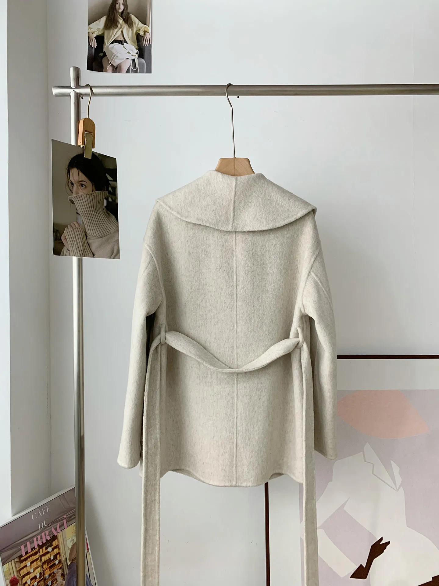 Women Navy Wide Lapel Double Sided Alpaca Wool Coat Belted Mid Length Korean Style Winter Woolen Outerwear 2026 New Arrival