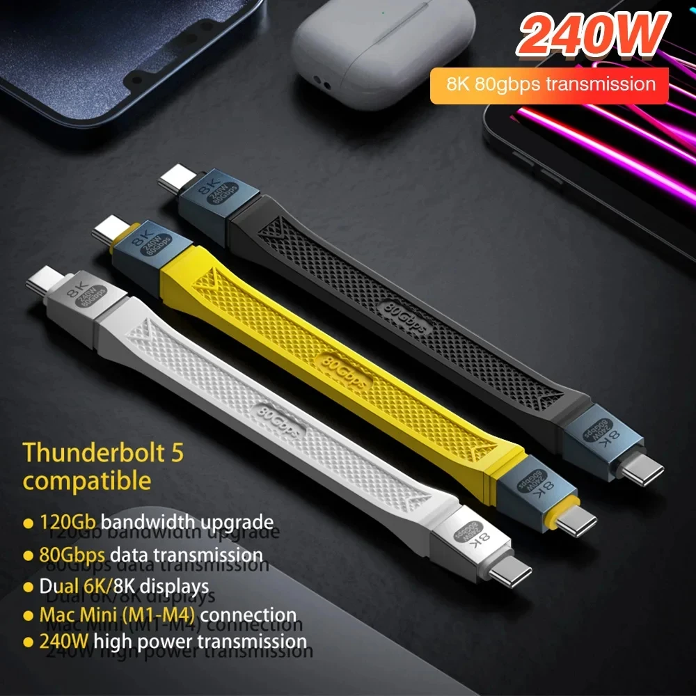 240W Short USB4 Cable 120Gbps FPC USB C Type C Cable Fast Charging compatible Thunderbolt 5 80Gbps Data Transfer 8K 60Hz