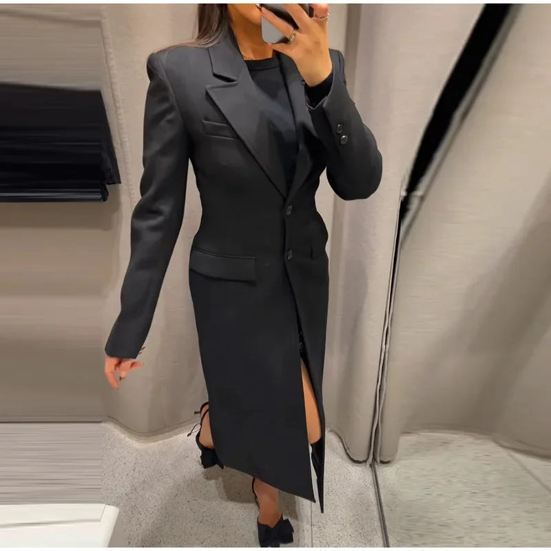 Elegant Long Blazer Coat Women Single Breasted Black Slim Long Sleeve Shoulder Pad Thicken Suit Jacket Lady 2025 Spring Outwear