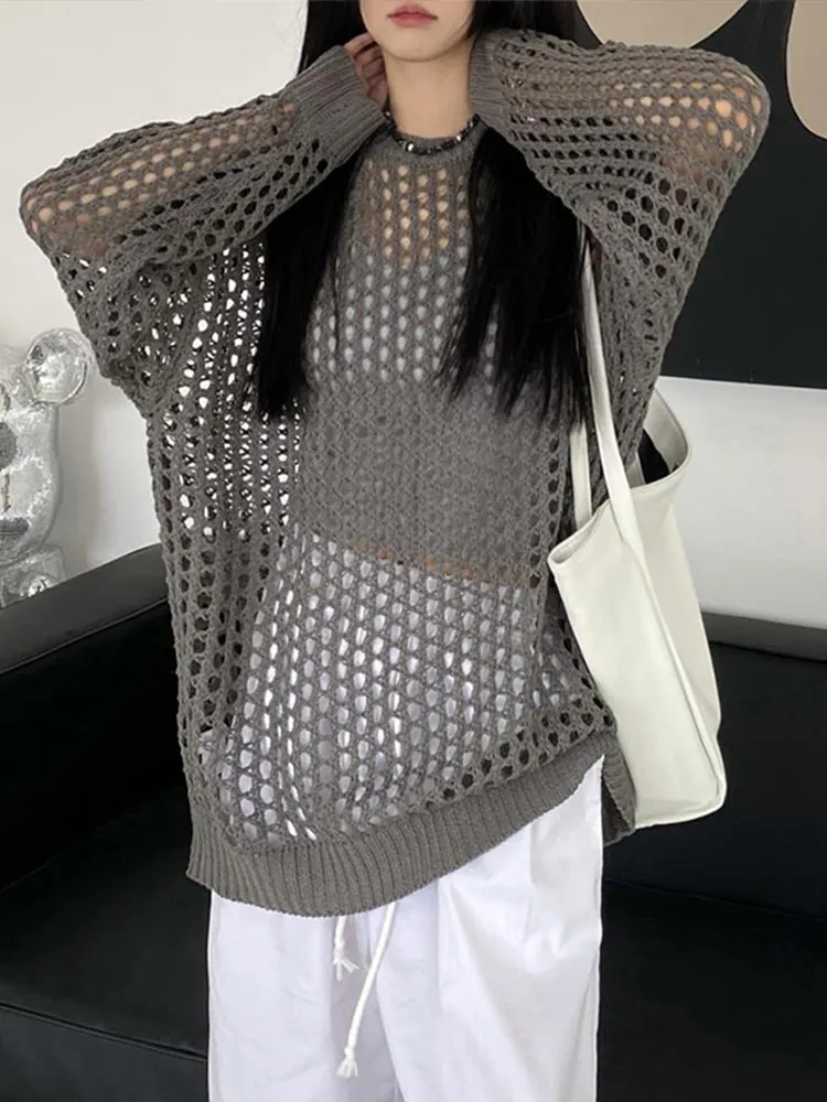 Loose Fishing Net Long Sleeve Female Top 2023 Street White Lady Pullovers Tops Hollow Out Knit T-shirt Women Sweater Y2K Casual