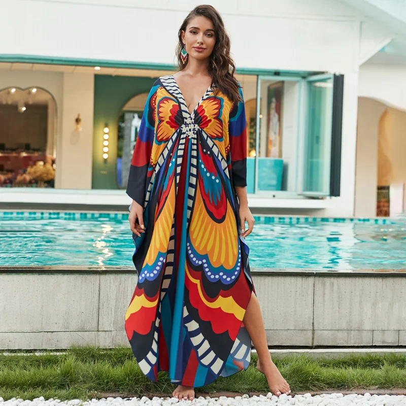 Bohemian Multicolored Handmade Knitting Long Sleeve kaftans Dress Women Clothing 2024 Summer Sexy V Neck Dresses