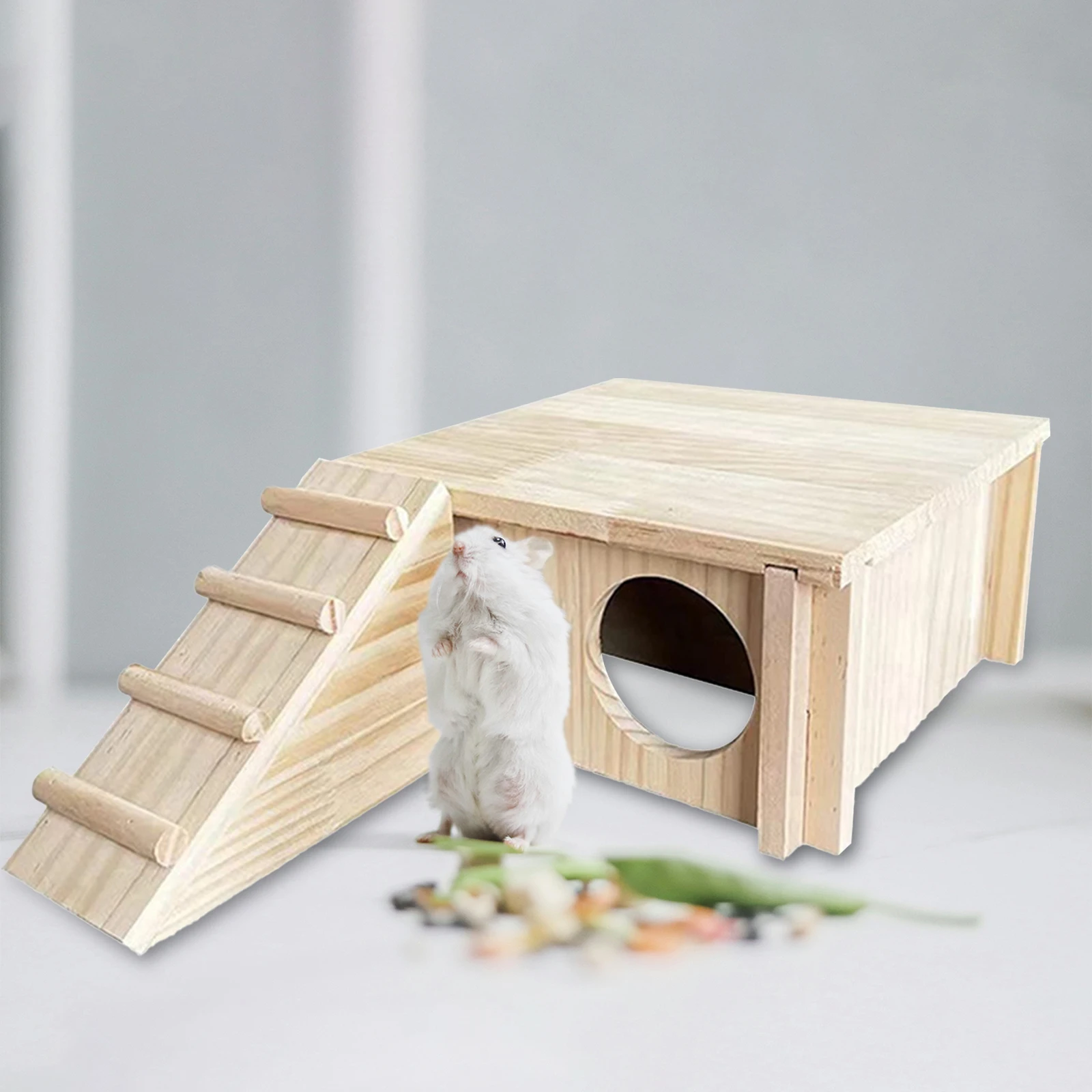 Hamster Wood House Sleeping House Cabin with Ladder and Window Cage Accessories for Gerbils Mouse Chinchilla