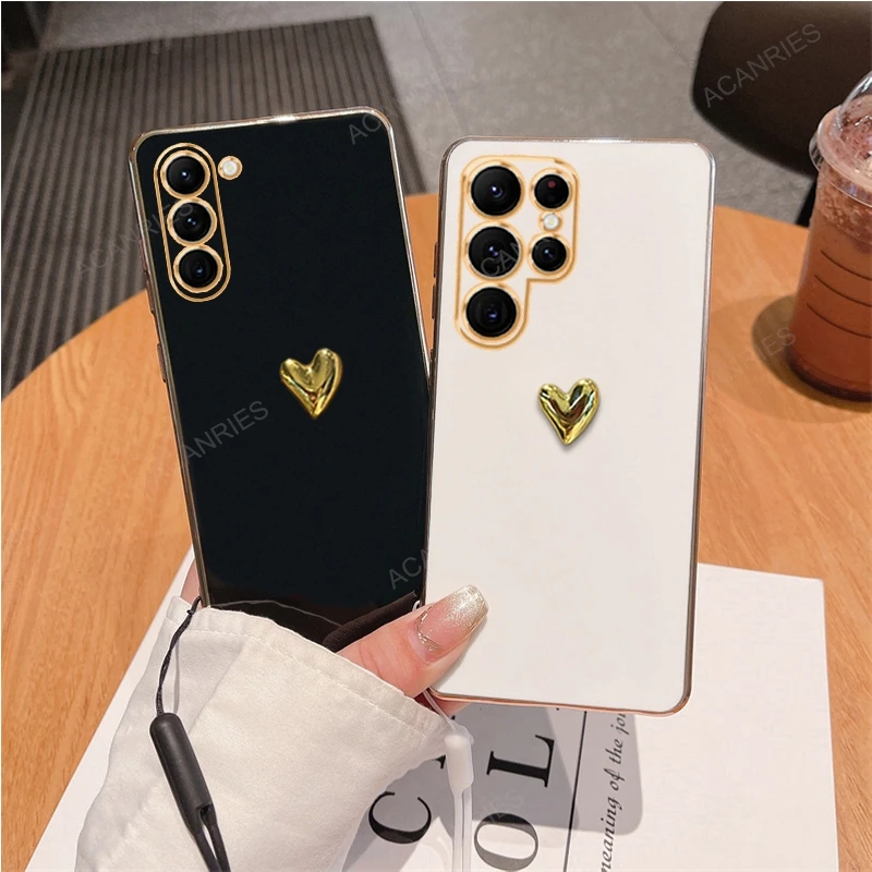 For Samsung Galaxy S23 Ultra 5G S23 Plus S22 S21 S20 FE 3D Gold Heart Plating Silicone Soft Case S 24 23 22 21 20 Cover S24ultra