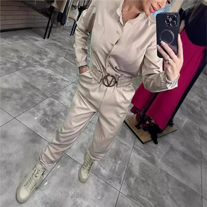 Fashion Long Sleeves Jumpsuit Women Autumn Trousers One-piece Suits Long Sleeves Shirts Belt Solid V-neck Street Work Jumpsuits