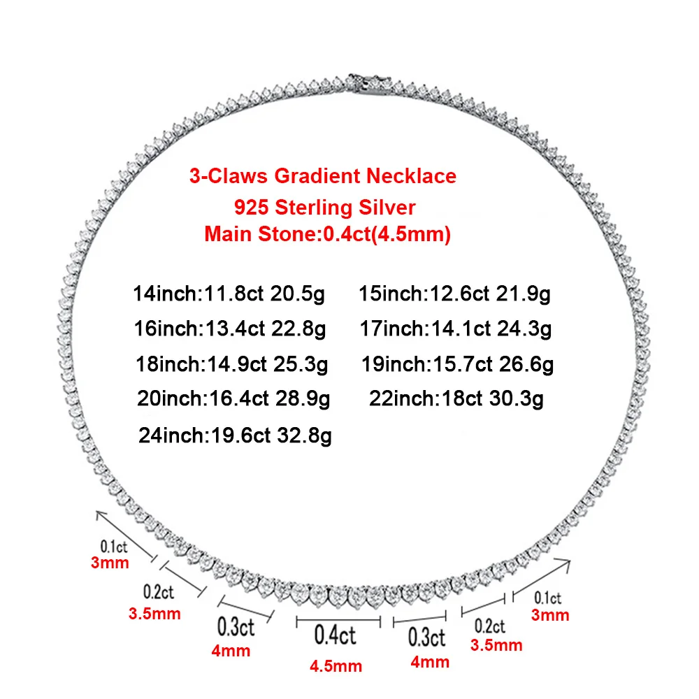 3 Claws Gradient Moissanite Tennis Necklace For Women 3-4.5mm Lab Diamond 925 Sterling Silver Plated 18k White Gold Fine Jewelry