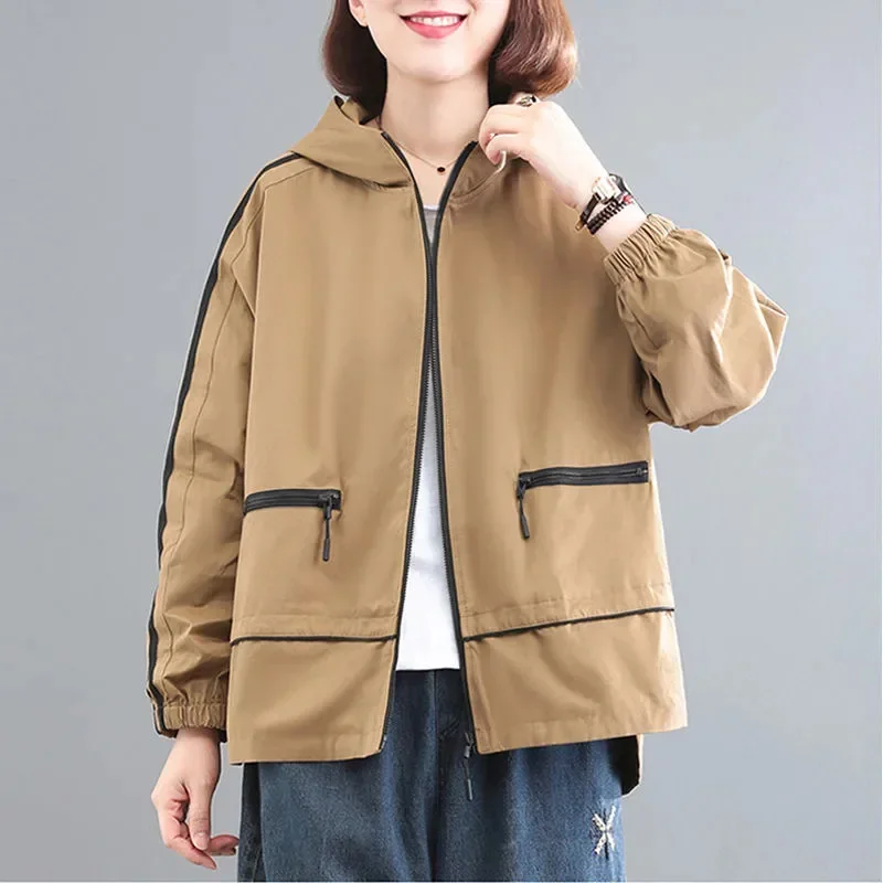 

Printed Letter Hooded Contrast Coat Casual Jacket 2024 Spring Autumn New Jackets Outwear Loose Plus Size Short Tooling Coats