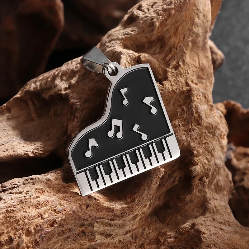 Fashionable Black and White Piano Stainless Steel Pendant Necklace for Men and Women Personalized Pianist Music Jewelry