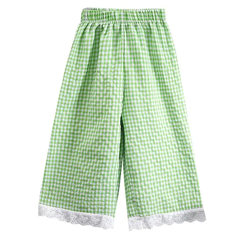 

2026 New Girls' Wide Leg Pants Lightweight Checkered Lace Trim Summer Casual Anti Mosquito Straight Leg Breathable Pants