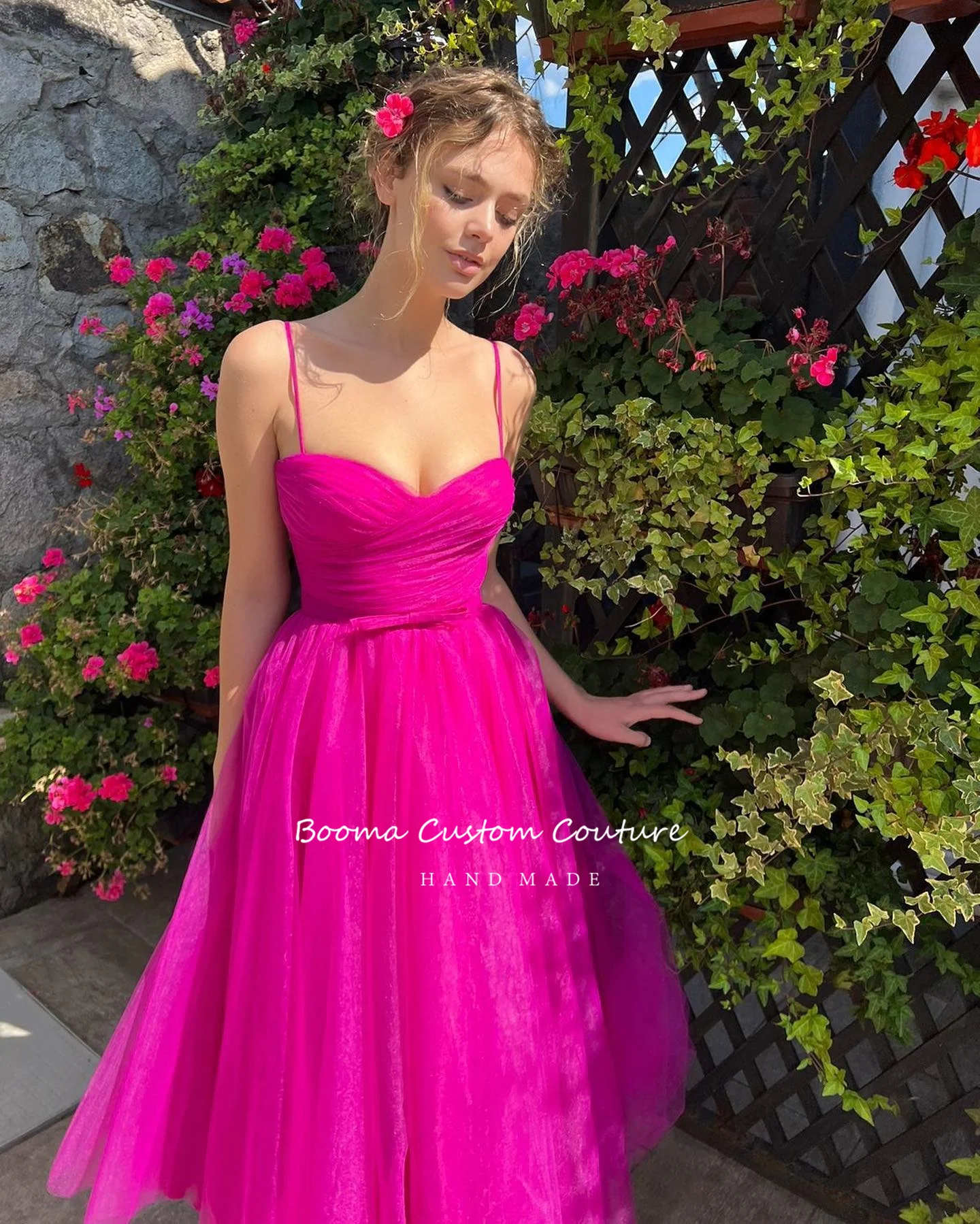 Booma Eenvoudige Green Tulle Midi Prom Dresses Spaghettibandjes Thee-Lengte A-lijn Wedding Party Jurken 2022 Korte Avondjurken