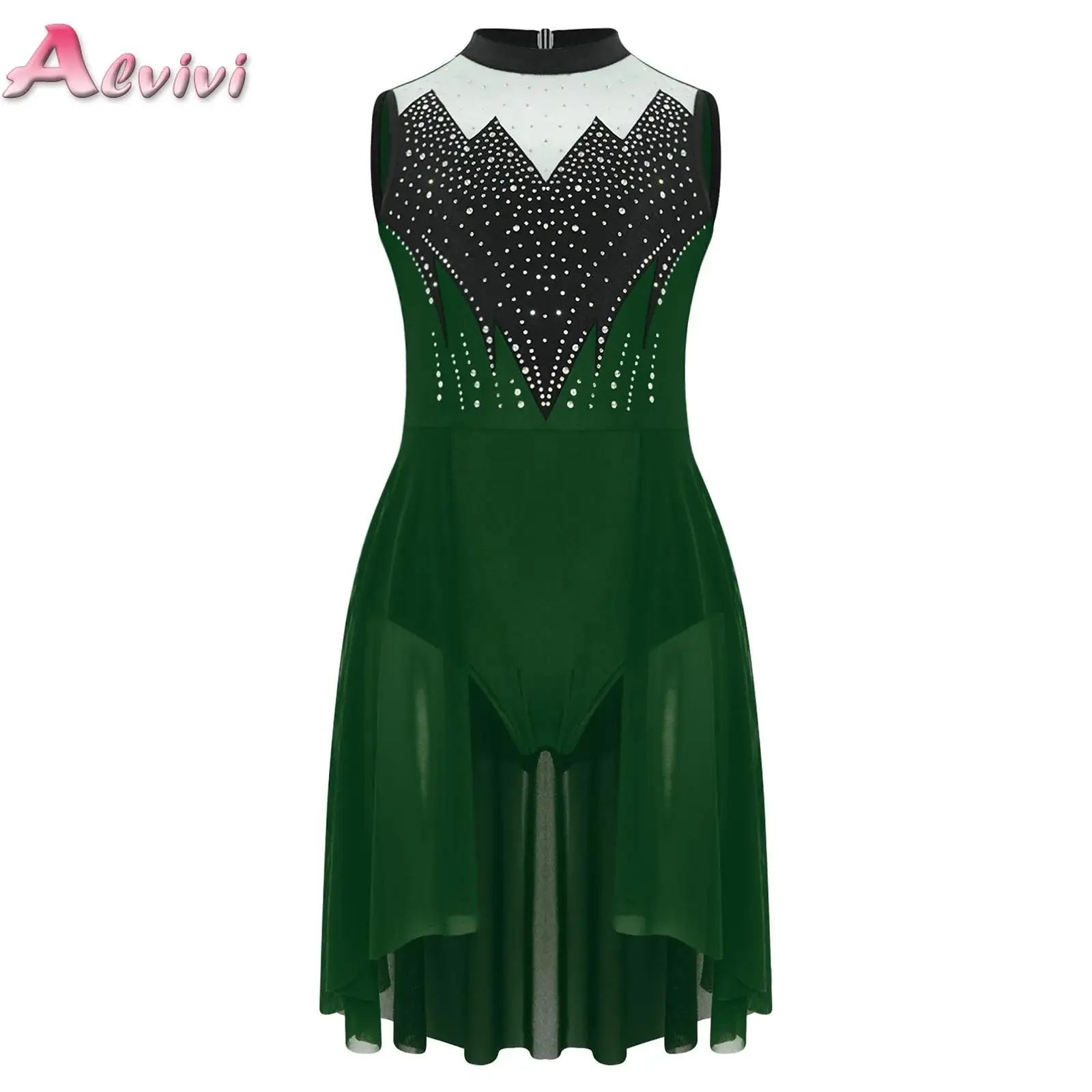 

Kids Girls Lyrical Dance Costume Leotard Rhinestones Sleeveless Mesh Overlay Jumpsuit Dress for Dance Performances Dance Classes