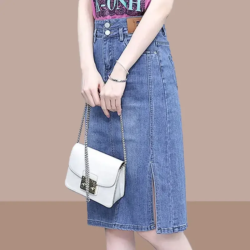 

High Waist with Slit Women's Denim Skirt Luxury Elegant Korean Style 2025 Trend Clothing Sales Stylish V Female Jeans Skirts