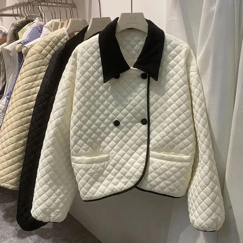 Korean color contrast lapel down jacket women's 2023 winter new  rhombus sweet white duck down jacket  Thick （Winter)
