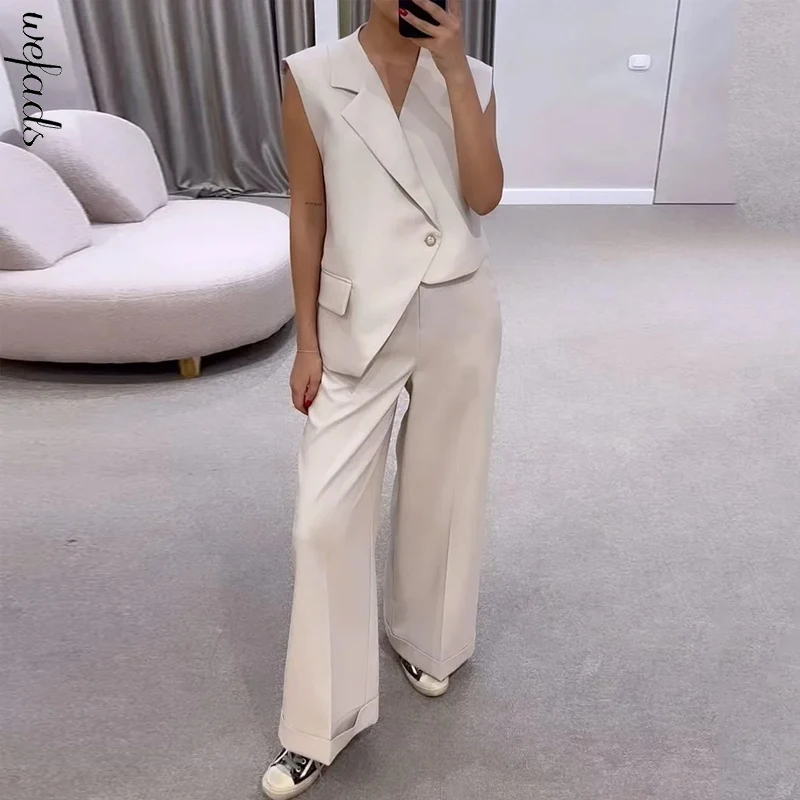 Wefads Women Two Piece Set Summer Casual Office Solid Lapel Irregular Sleeveless Button Top Loose Wide Legs Pants Streetwear