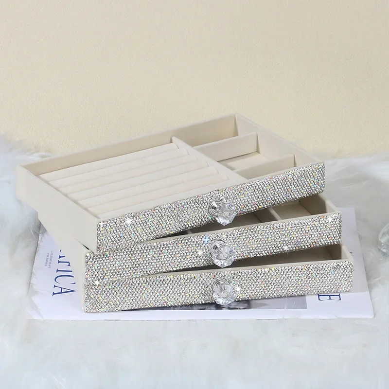 Rhinestone Three Layer Velvet Jewelry Storage Box Transparent Earring Jewelry Organizer Ring Display Jewelry Box Dust Proof Case 2